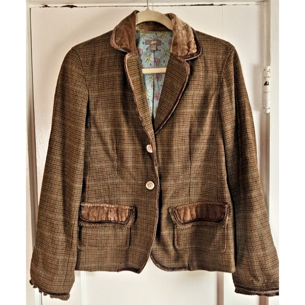 J.Jill brown stretch womans sz 2  tweed blazer velvet collar + trim‎ wool blend
